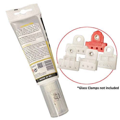T-Rex Glue with Example of Glass Clamps, which are not included