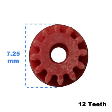 Measurements for a small red plastic odometer gear with 12 teeth for various BMW and Mercedes models.