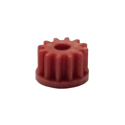 Side view of a small red plastic odometer gear with 12 teeth for various BMW and Mercedes models.