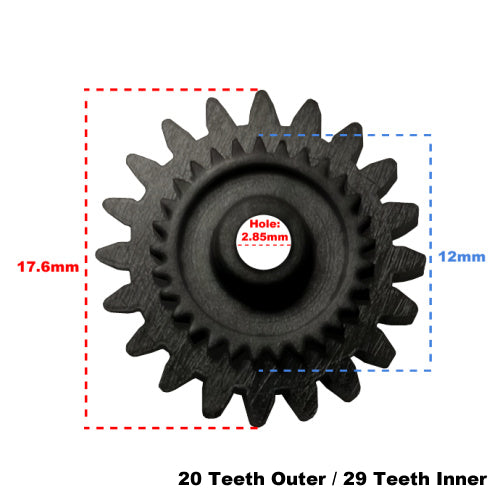 Measurements for a black plastic odometer gear with 20 teeth outer and 29 teeth inner, suiting Ford Falcon XD-XE.