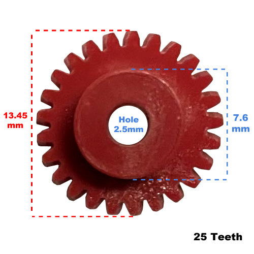 Measurements for a red plastic odometer gear with 25 teeth, suiting Holden Commodore VB-VL.
