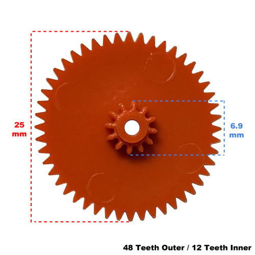 Orange plastic odometer gear with a smaller inner gear. Measurement lines indicating 25 mm outer diameter and 6.9 mm inner diameter.