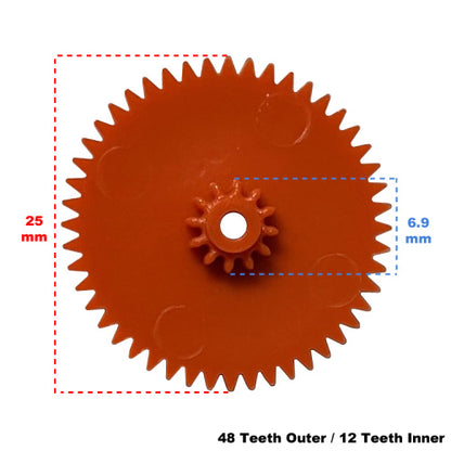 Orange plastic odometer gear with a smaller inner gear. Measurement lines indicating 25 mm outer diameter and 6.9 mm inner diameter.
